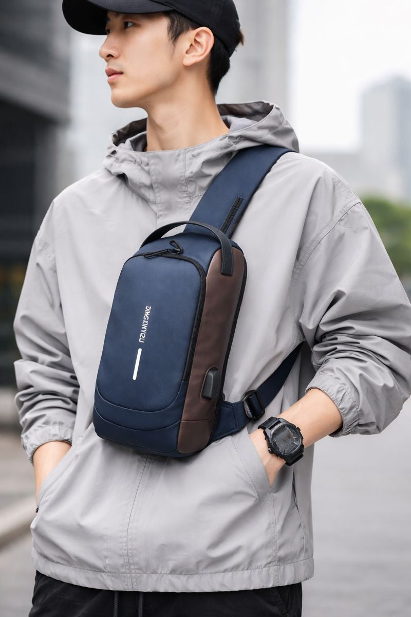 Men's Sleek Anti-theft PU Leather Crossbody Bag - USB Charging, Stylish Print & Zip Closure