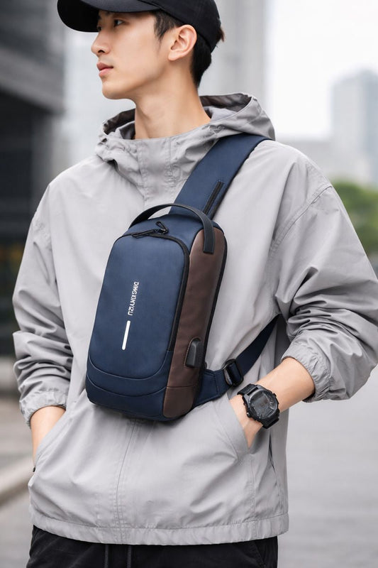Men's Sleek Anti-theft PU Leather Crossbody Bag - USB Charging, Stylish Print & Zip Closure