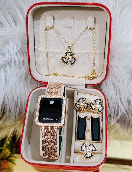 GIRLS  (G1)DIAMONDS STONE TOUCH SCREEN JEWELRY WATCHE⌚ WITH CRYSTAL DIAMOND EARRINGS 👈🔥  DIAMOND LOCKET CHAIN ✔ DIAMOND RING 💍  COMPLETE SET🎀