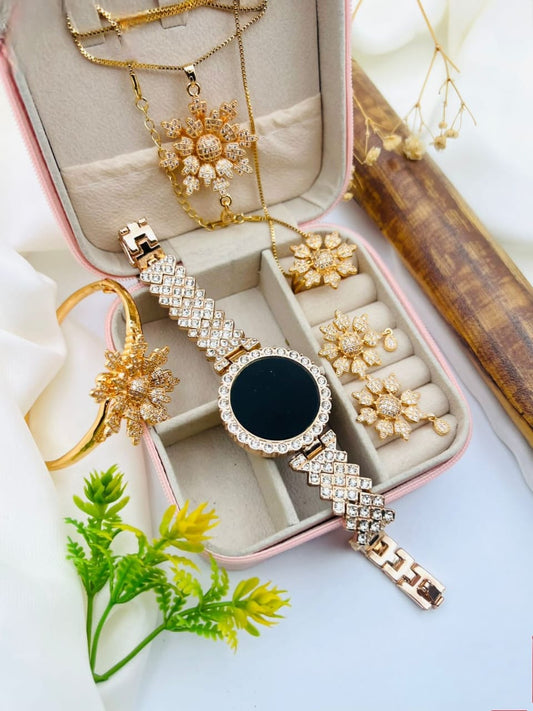 GIFT SET (G.F1) COLLECTION 🎁  LED JEWELRY WATCH WITH COMPLETE ZIRCON COMBO SET ❤ WITH ORGANISED JEWELRY BOX