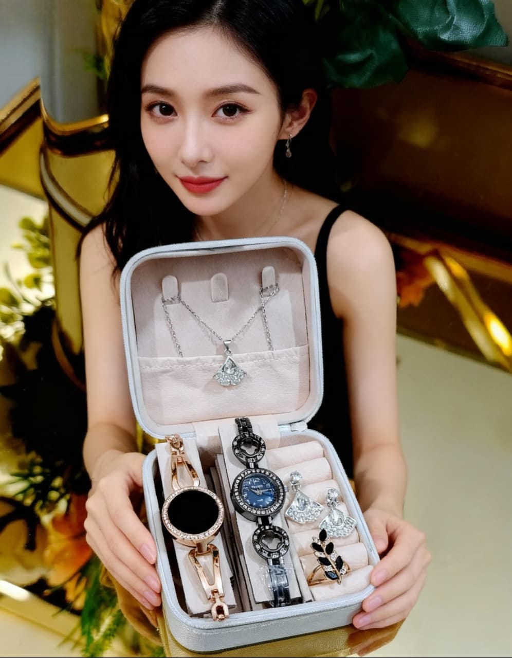 2 IN ONE  DOUBLE WATCHES SET⌚WITH DAIMONDS STONE JEWELRY CHAIN💎✔  WITH 👈 DAIMONDS RING 💍✔ DAIMONDS EARRINGS💎