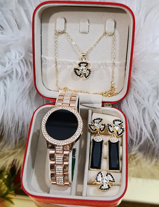 GIRLS  (G1)DIAMONDS STONE TOUCH SCREEN JEWELRY WATCHE⌚ WITH CRYSTAL DIAMOND EARRINGS 👈🔥  DIAMOND LOCKET CHAIN ✔ DIAMOND RING 💍  COMPLETE SET🎀