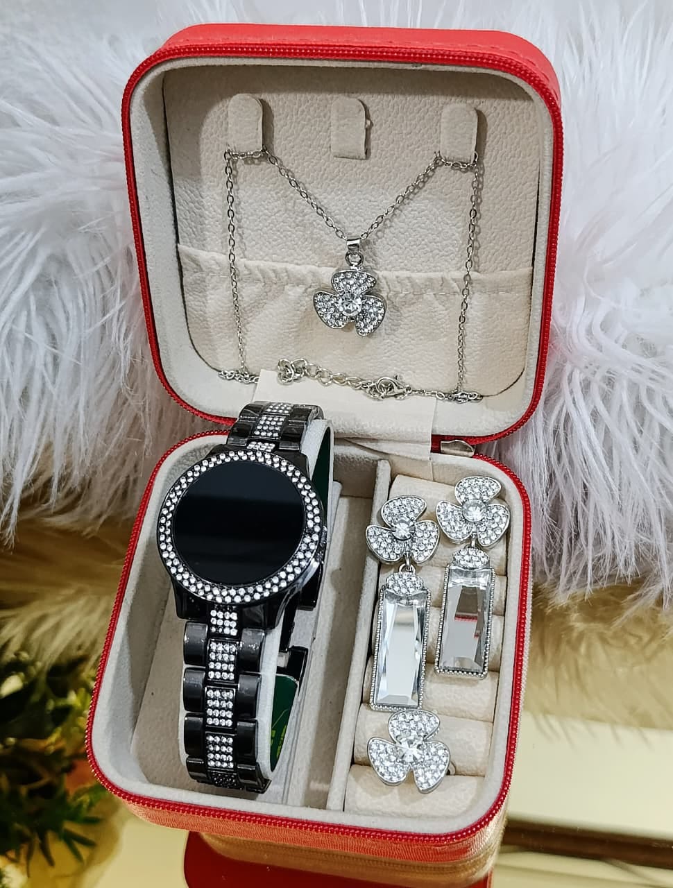 GIRLS  (G1)DIAMONDS STONE TOUCH SCREEN JEWELRY WATCHE⌚ WITH CRYSTAL DIAMOND EARRINGS 👈🔥  DIAMOND LOCKET CHAIN ✔ DIAMOND RING 💍  COMPLETE SET🎀