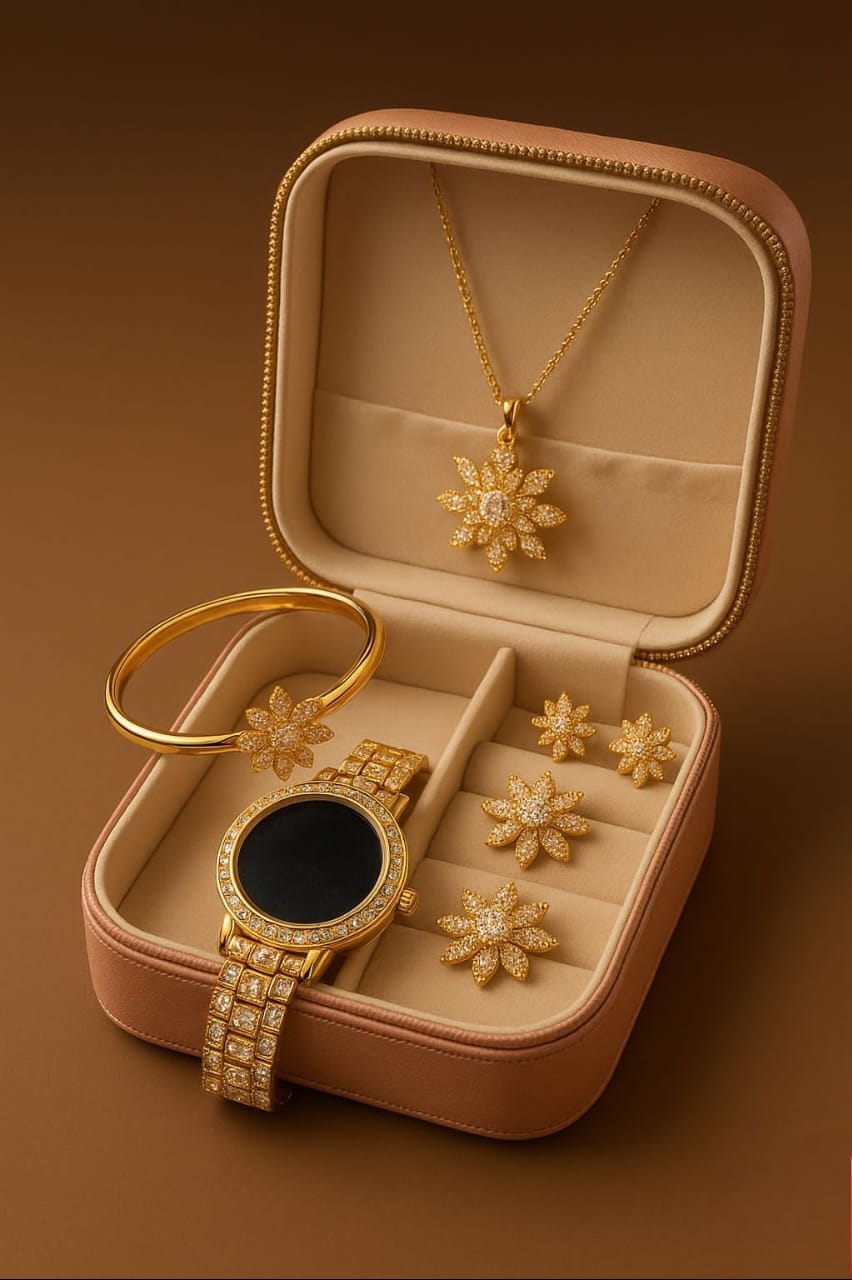 GIFT SET (G.F1) COLLECTION 🎁  LED JEWELRY WATCH WITH COMPLETE ZIRCON COMBO SET ❤ WITH ORGANISED JEWELRY BOX
